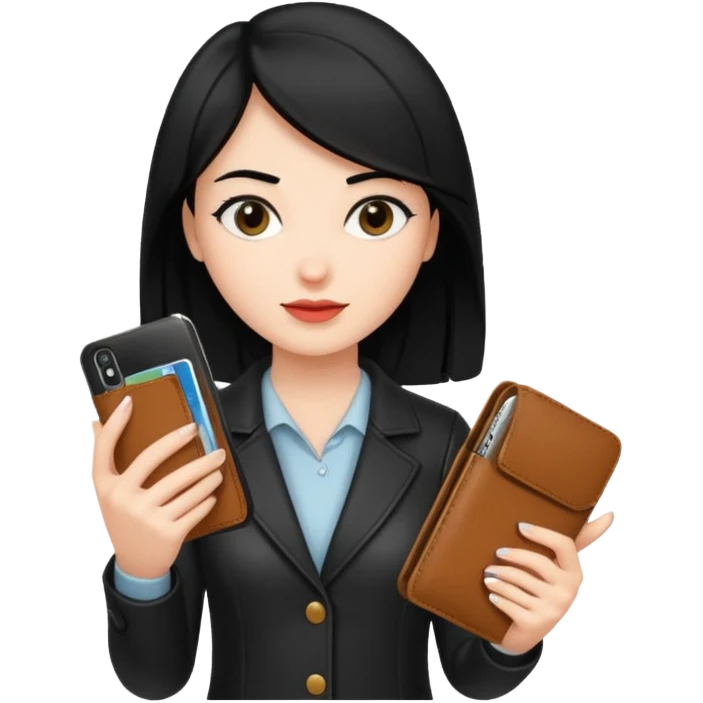 Mujer con cel y cartera  con el pelo negro y color de piel mas blanquita emoji