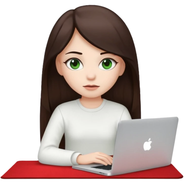 Long dark brown haired, white skinned, dark green eyed girl in white clothes girl sitting in macbook with a red carpet  emoji