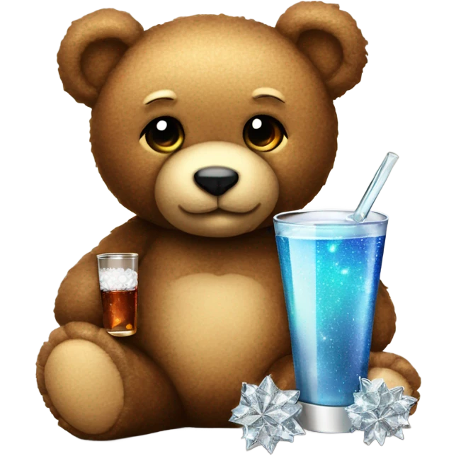teddy bear holding sparkle gift and a shot glass emoji