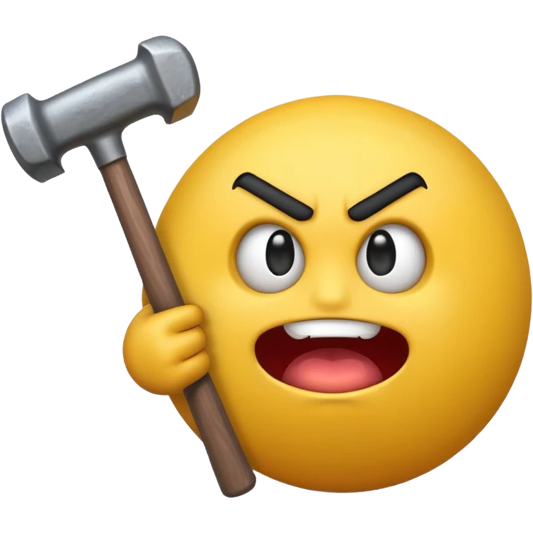 yellow sphere emoji with angry and silly face holding a sledgehammer emoji