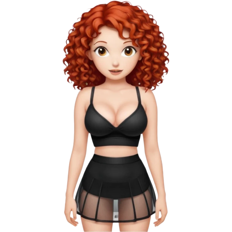 Naked red curly haired girl with very large big boobs and cleavage.  Thin waist and wide sexy hips.  Completely naked but wearing a see-thru black mesh very short mini-skirt emoji