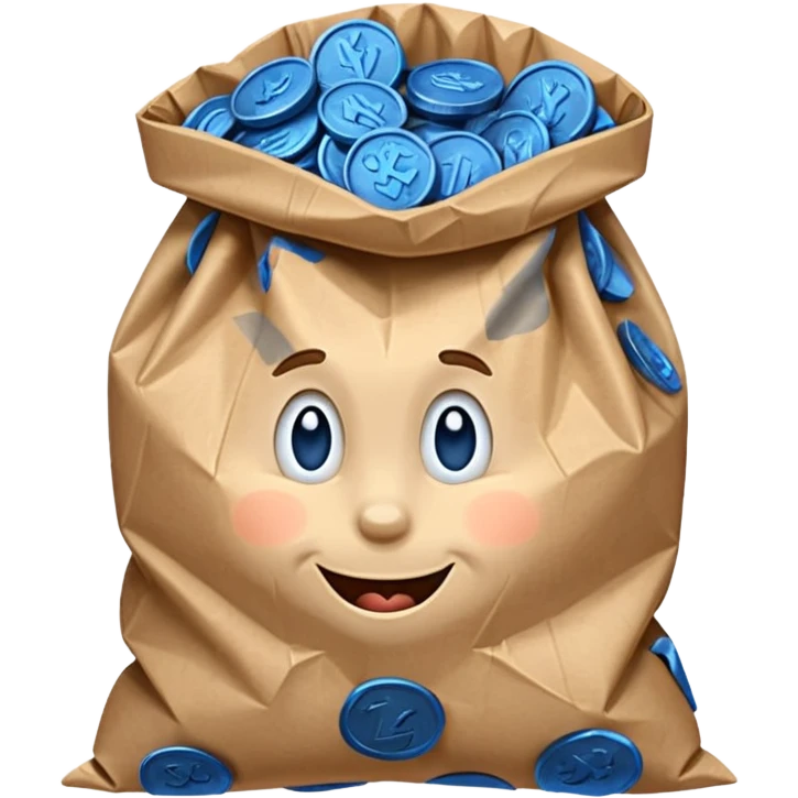 brown bag of blue coins emoji