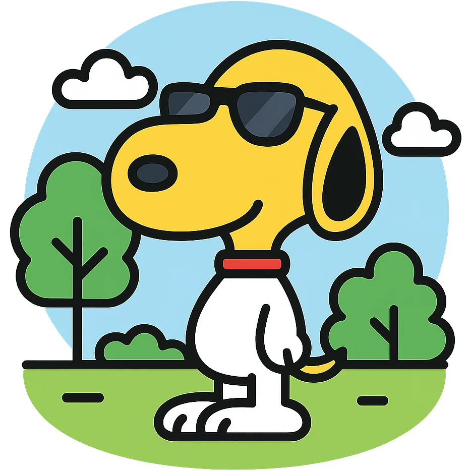 Snoopy, outlined and colorful, wearing sunglasses, with a park background emoji
