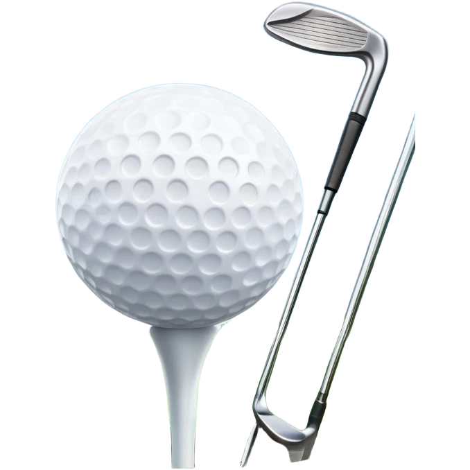 A golf ball on a tee, with a golf club placed beside it on the lush green fairway. The background shows a serene golf course with neatly trimmed grass and a clear blue sky, emphasizing the elegance and precision of the game. emoji