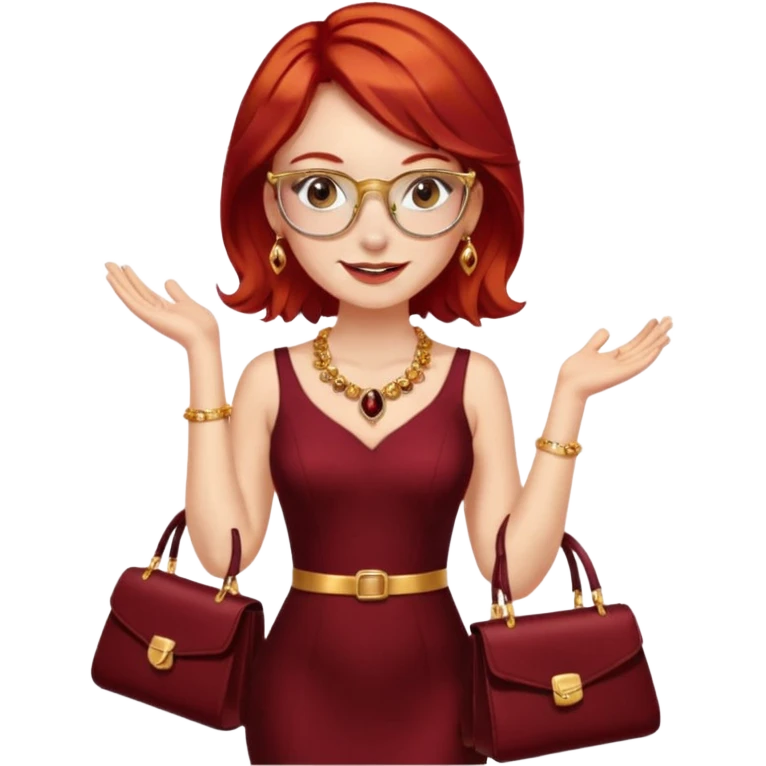 chica pelo rojizo pendientes de oro gafas doradas pecas collar granate vestido brillante dorado tacones dorados medias marrones bolso negro y de fondo una gala emoji