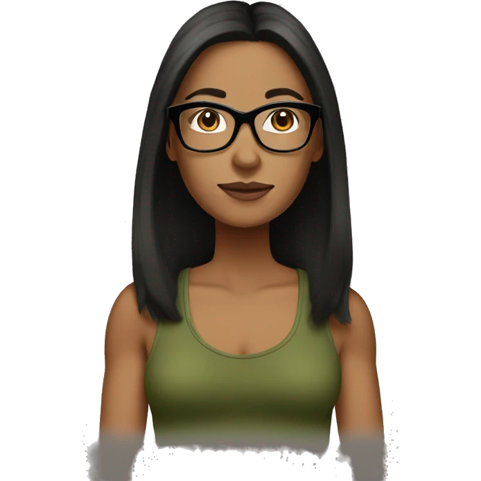 40 year old woman white with black straight hair with a olive green tank top with glasses tortoise  emoji