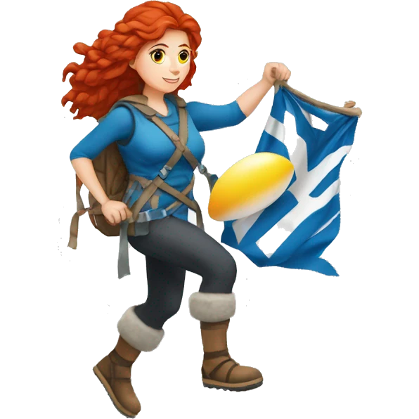Greek Female winter mountaineer red hair white skin climbing with Greek Flag and Easter eggs basket emoji