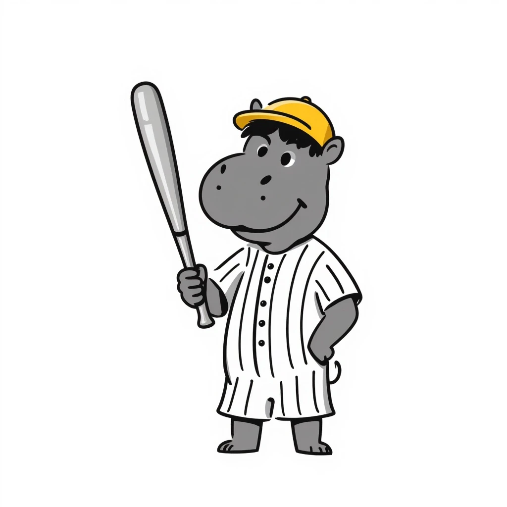 hippo holding a baseball bat, wearing a yellow helmet, pinstripes outfit emoji