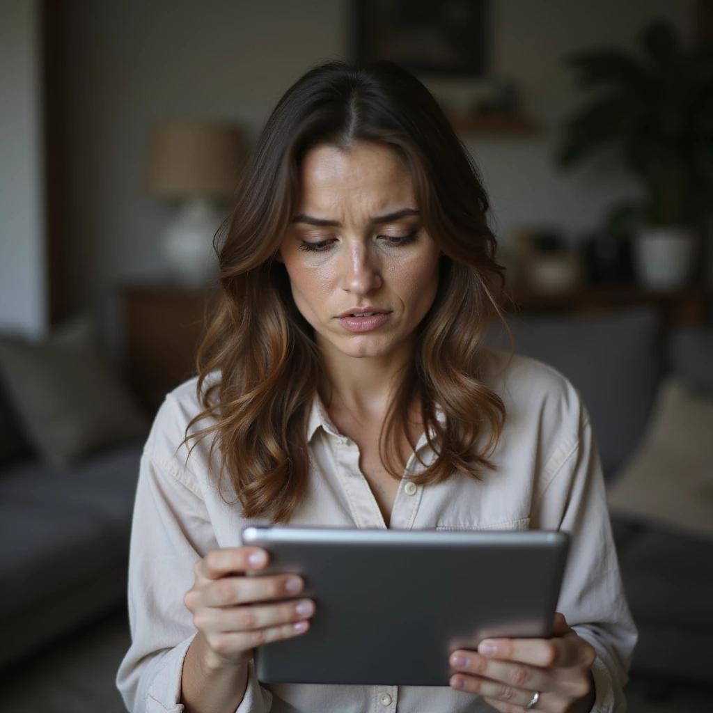 hyperrealistic 4K image of a woman reading an article about slow metabolism after 30 on a tablet, worried expression, domestic environment emoji