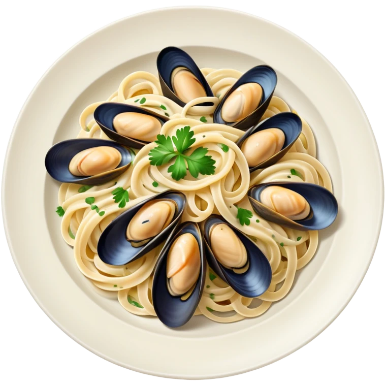 Mussel linguine on a plate with white sauce  emoji
