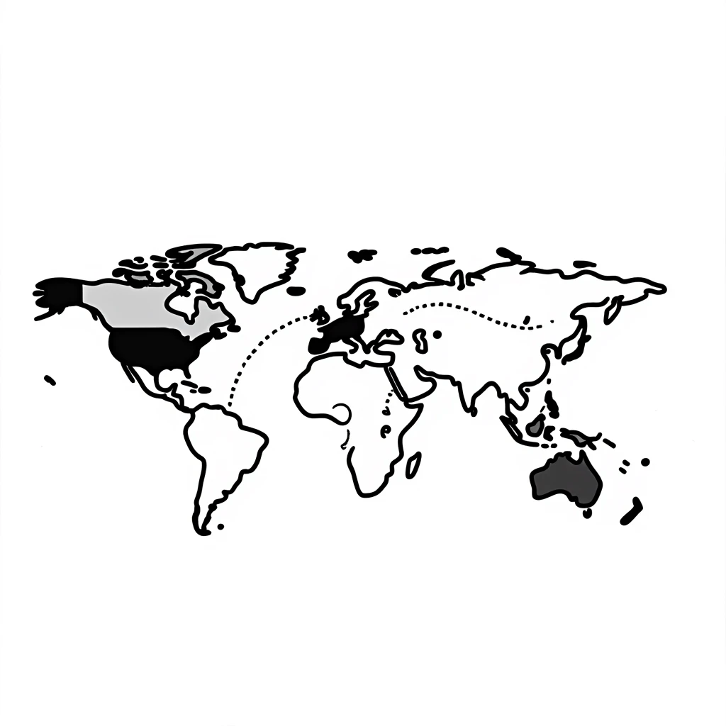 hand-drawn world map with a dotted route line connecting multiple countries emoji