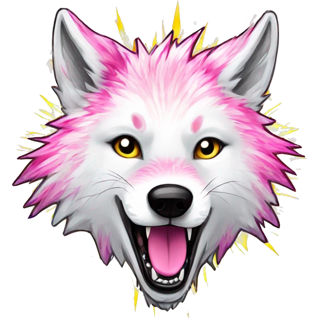 Sparkling crazy white aggressive wolf dancing snow mad big eyes illustration doodle high contrast lightning bolt halo sun beams white pink yellow red party sparkle glitter emoji