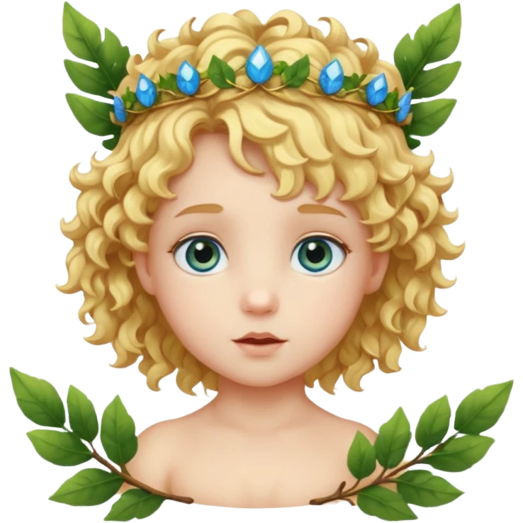 Cute Cupid character head with a large forehead, big bright blue eyes, and short, voluminous curly golden blond hair. A green leafy branch crown sits on the head. Stylized, colorful, cartoon look focused on innocence and cuteness. emoji