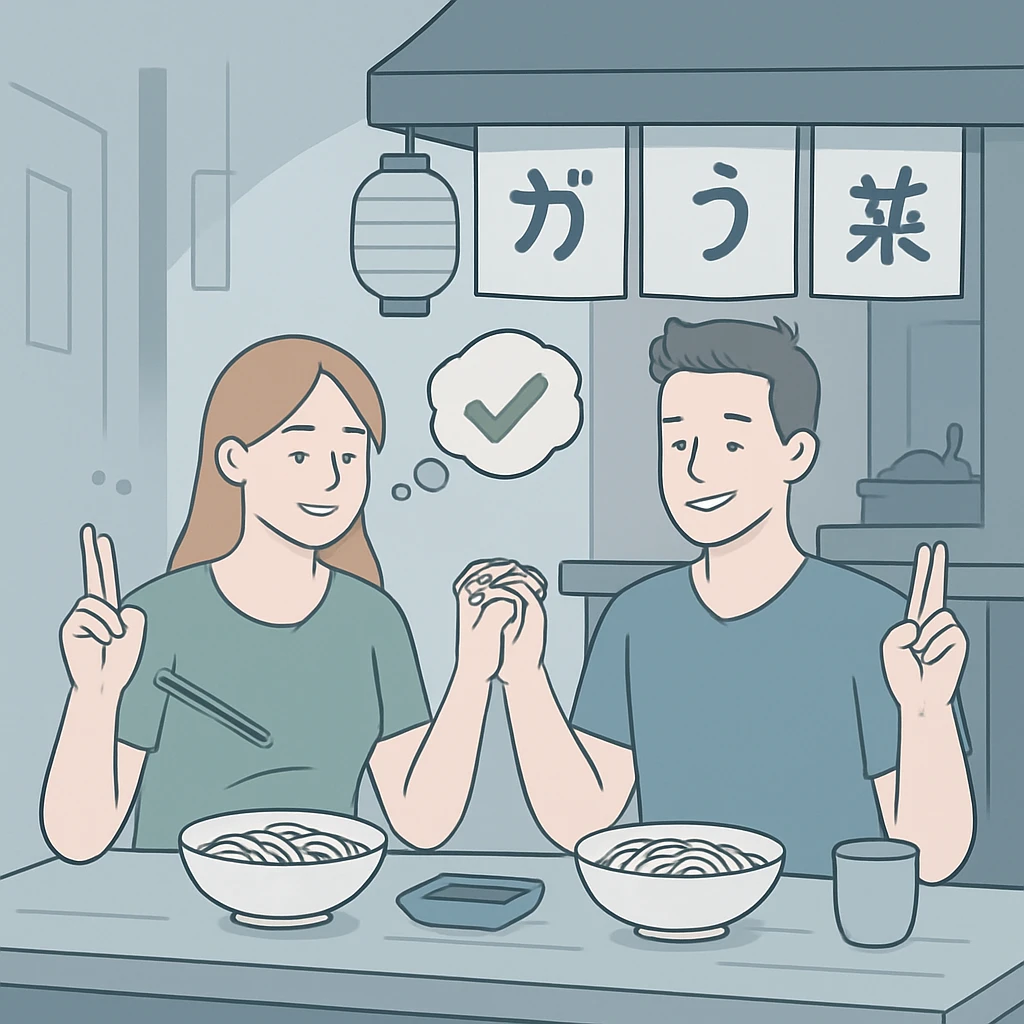 couple dining in Japanese street cafe
 emoji