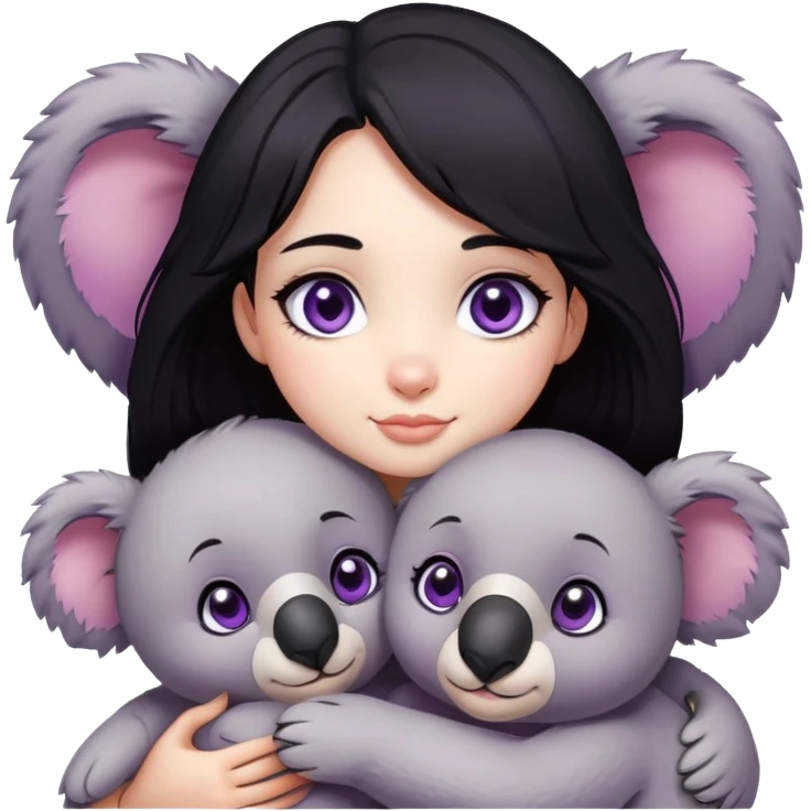 Emoji of a girl with purple eyes and black hairs hugging a stuffed koala  emoji