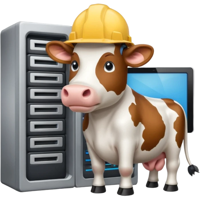 cow with a hard hat looking at several mainframe computers emoji