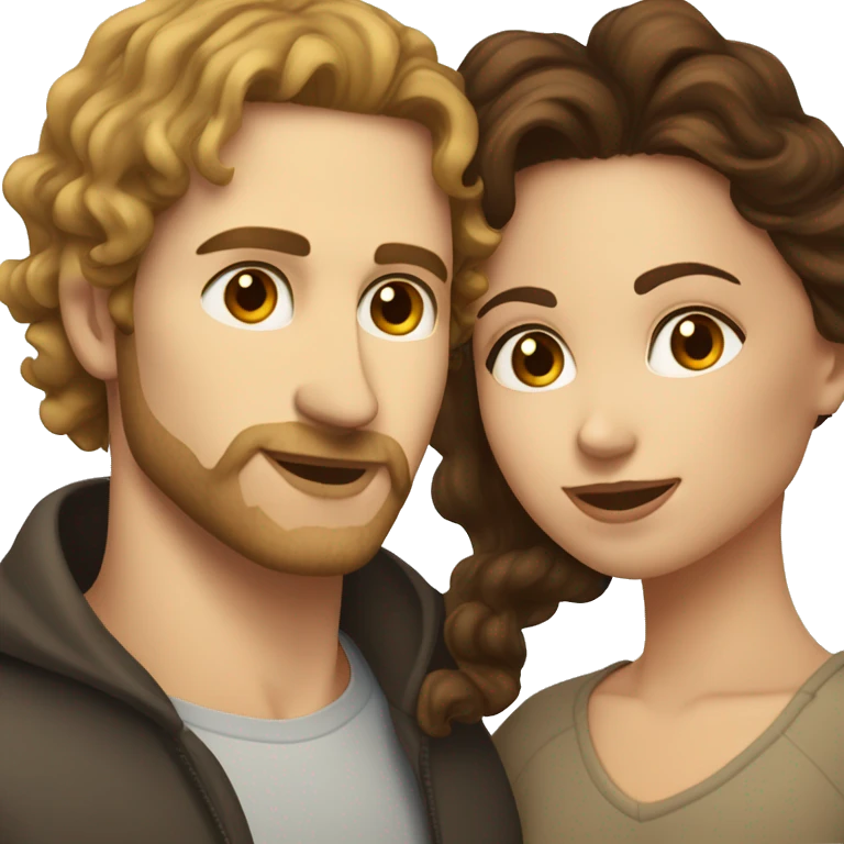 White woman with long dark brown curly hair kissing white man with light brown hair and stubble emoji