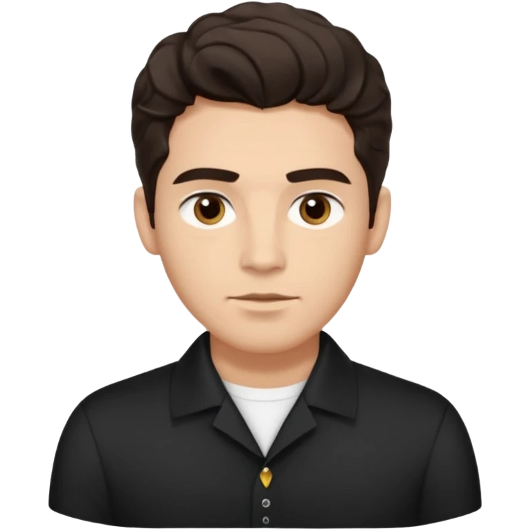 He’s a man with light to medium skin, a defined oval face, full brows, deep-set eyes, and wavy short dark brown tall hair styled with height, sides are trimmed. expression calm and focused relaxed black open-collar .polished, articulate, and coach vibe. emoji