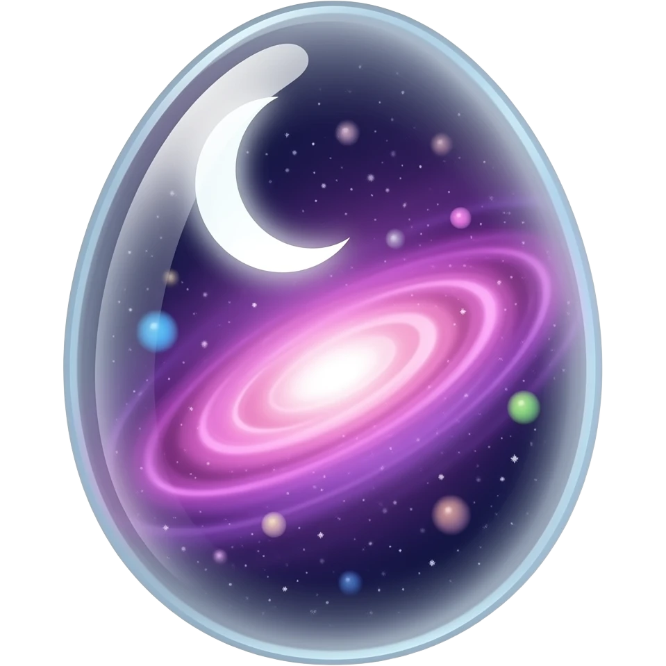 transparent glowing cosmic egg with no visible shell, fully see‑through, containing a swirling purple‑pink nebula and a luminous crecent moon, floating multicolored light orbs inside, isolated object, transparent background emoji