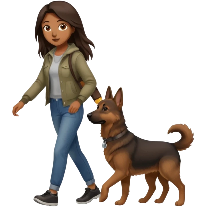 a girl with a brown dark long long hair, she's walking her dog is a german shepard emoji