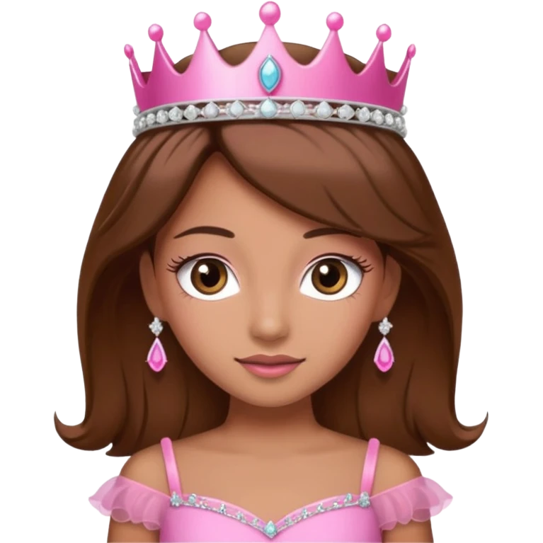 A pretty princess emoji with eye lashes, tan skin and brown hair with a pink dress and tiara  emoji