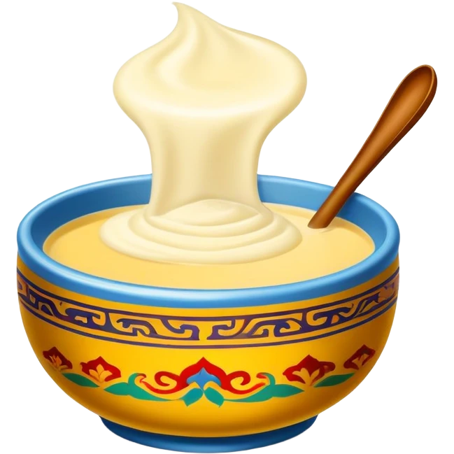 Tibetan butter tea in traditional bowl, simplified emoji style with bold outlines and bright colors, cartoon style creamy yak butter drink emoji