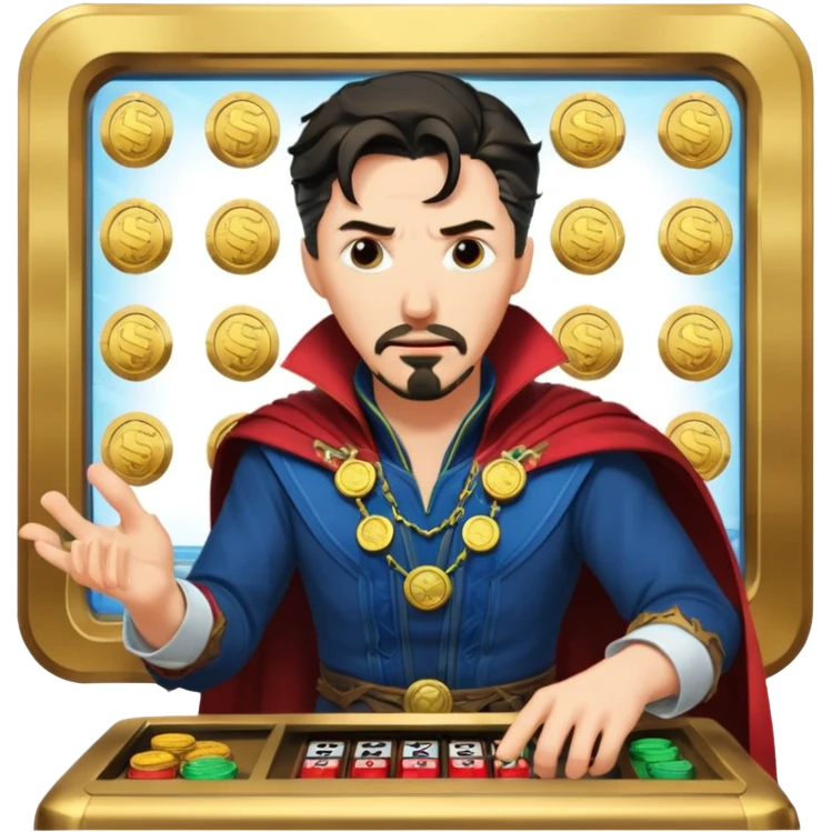 disheveled Doctor Strange losing money at a slot machine, panicked face, coins flying emoji