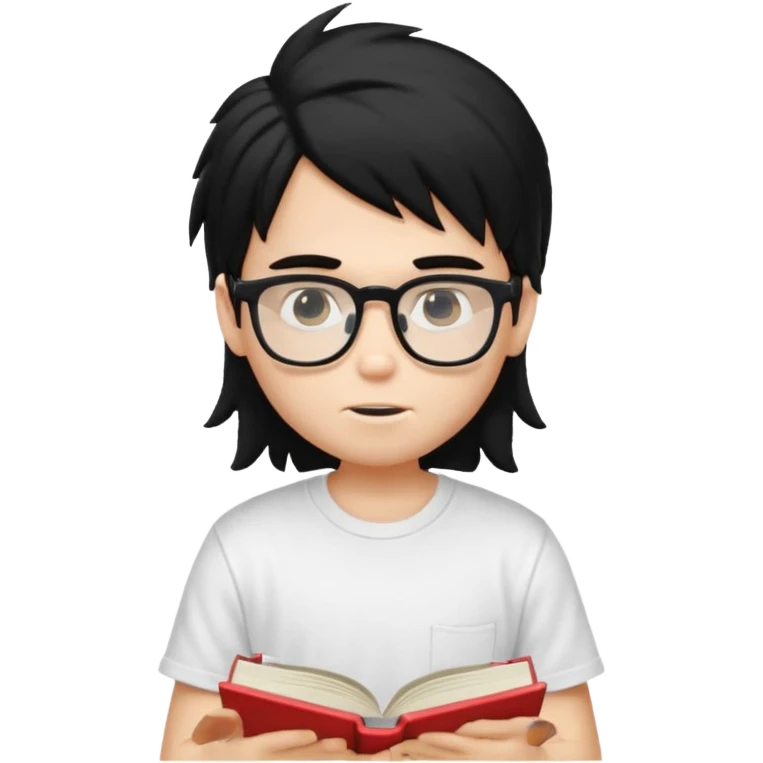 generate a pretty fair bratz boy with a long messy mullet (black hair), wearing a white tshirt. Reading a book. He has spectacles on.  emoji
