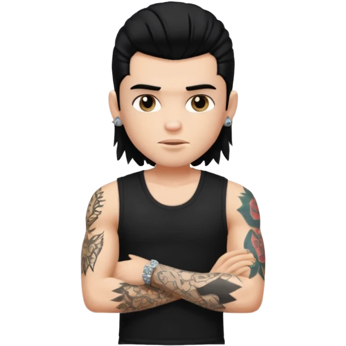 a pretty bratz guy with a black mullet and a sleeveless black top with tattoos on arm emoji