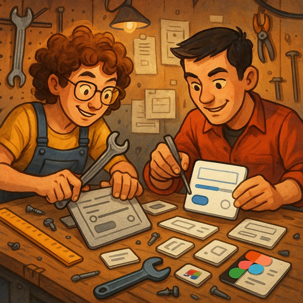 Two playful designers in a workshop, one with curly hair and one with short dark hair, collaborating to repair outdated UI components. The workspace is filled with creative chaos—tools like a wrench, ruler, and Figma UI pieces. They are focused, turning messy legacy UI into a clean, modern design. emoji
