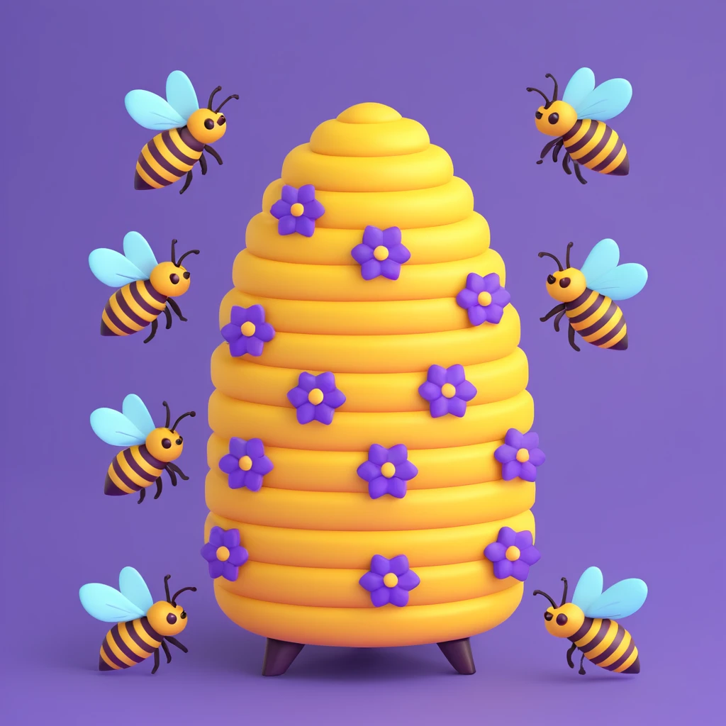 a purple beehive with five purple bees flying around, cheerful and cute, no text emoji