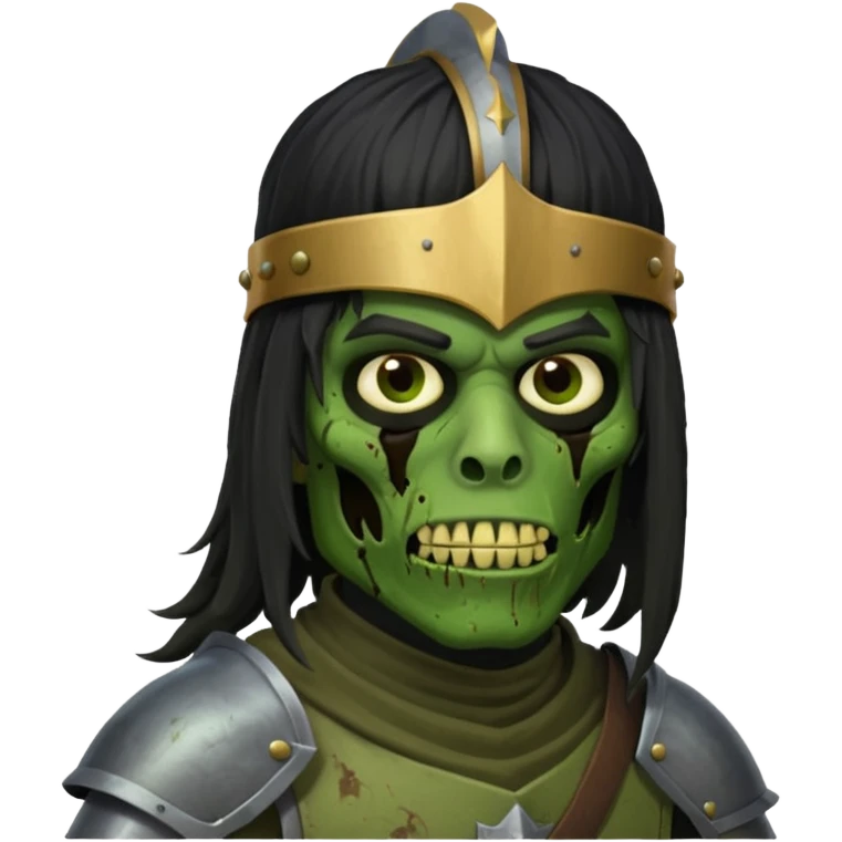 A black male with long black rough hair wearing a knight helmet with green zombie skin  emoji