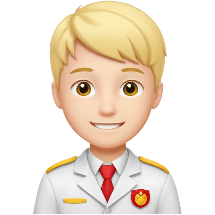 um menino estudante com uniforme branco e detalhes amarelo e vermelho emoji
