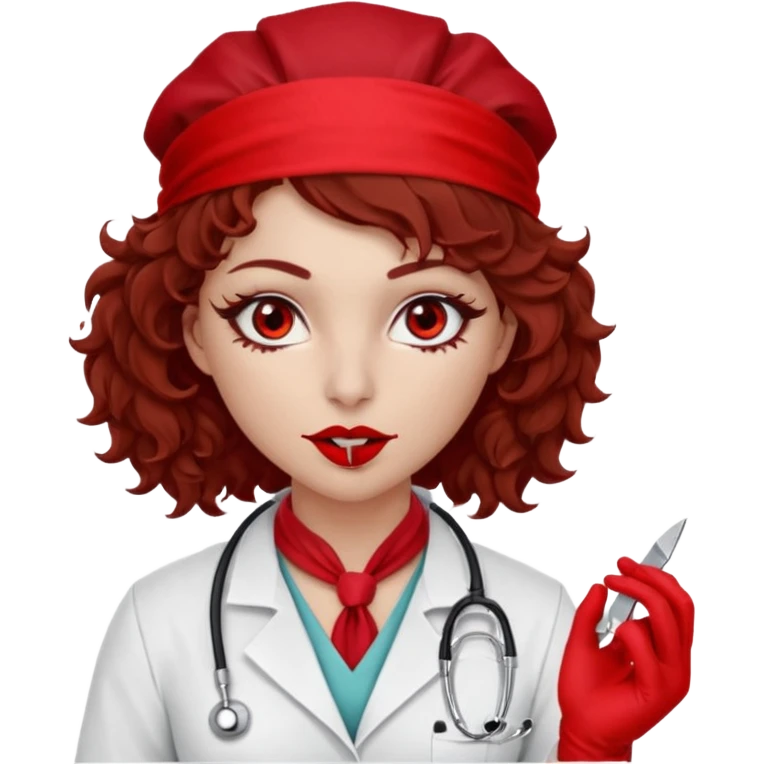 Lilith scalpel in hand, evil surgeon sexy surgeon clothes.  She has red eyes. Dark brown curly hair. Wears sexy doctor outfit with red gloves.covers her mouth necknose with red bandana to hide  her identity. Hair is long and brown hair is free but bandana must cover her mouth emoji
