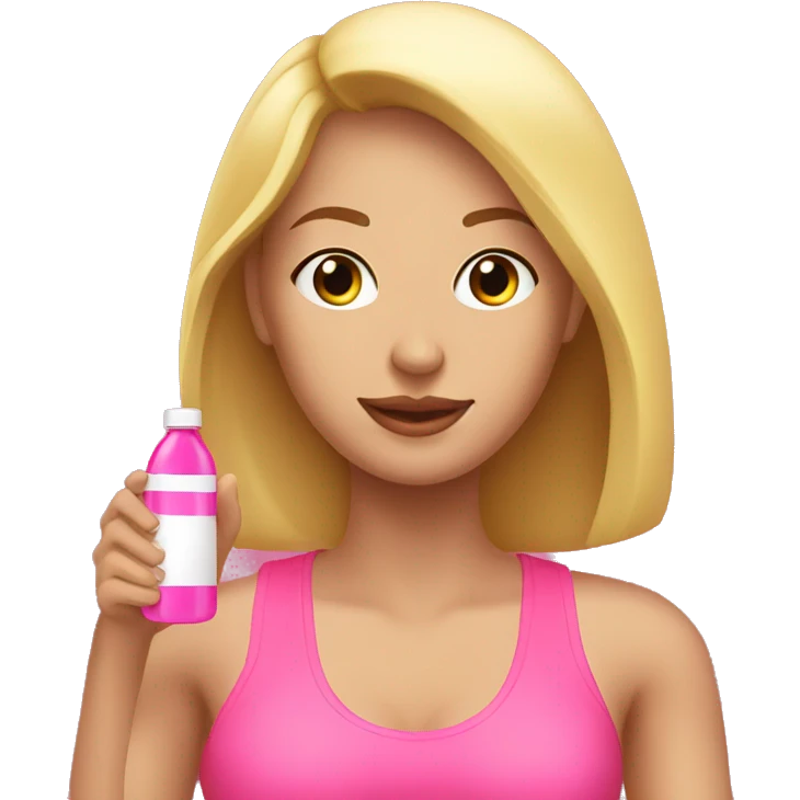 create a blonde woman in gym clothes holding a pink bottle in her hand emoji