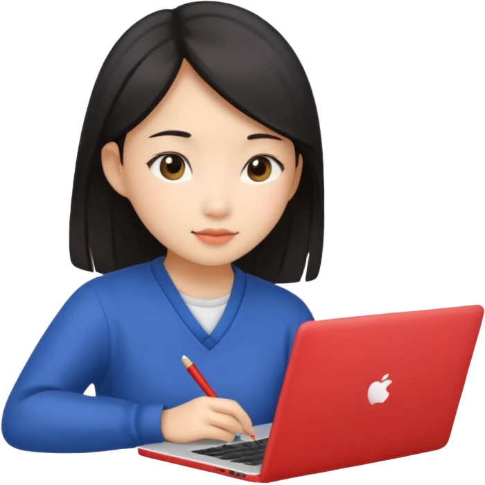 An asian girl is preparing for IELTS online with a laptop. emoji