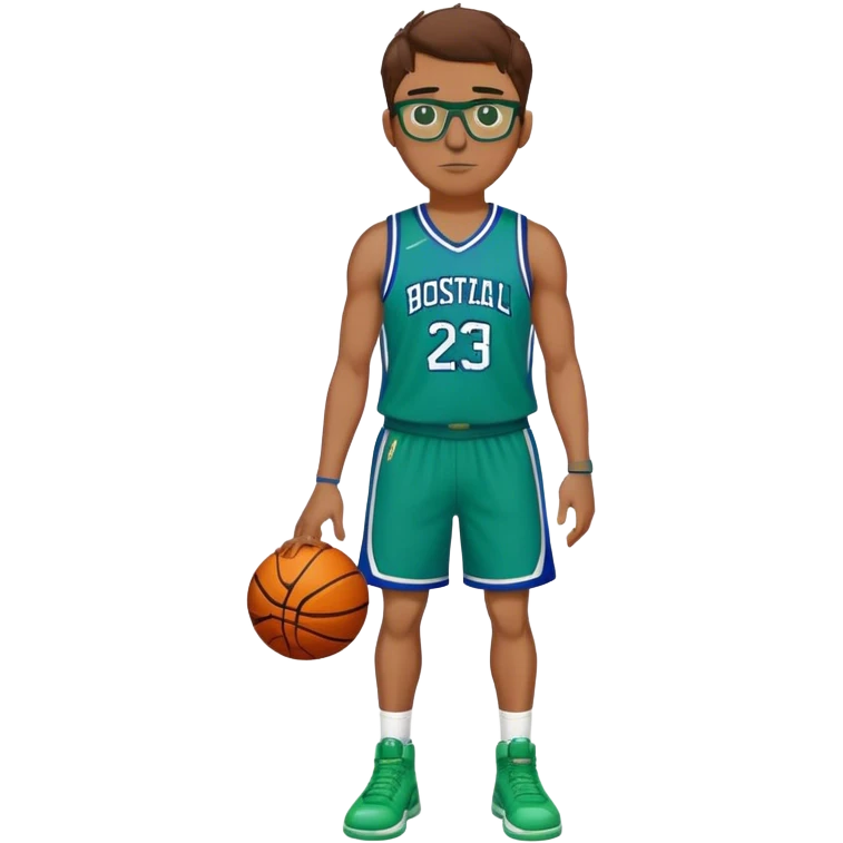 Full Body large white male with brown hair basketball player wearing glasses wearing blue green uniform emoji