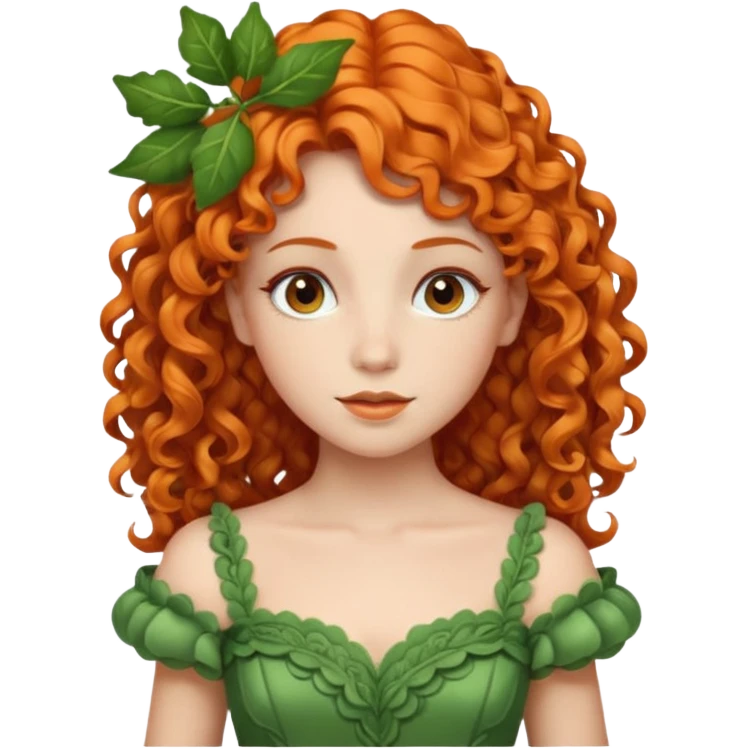 orange curly hair beautiful princess full body in leafy green dress elegant emoji