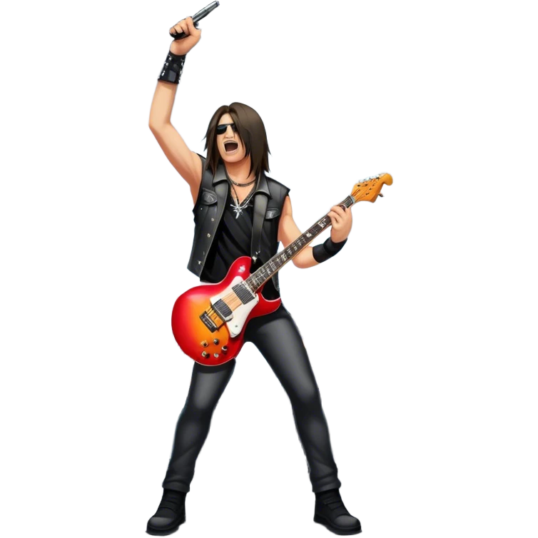 Icon for Heavy Metal: a metal band on stage, with electric guitars, drums, and a powerful vocalist. The atmosphere is intense with flashing lights, music notes, and a crowd of fans. The design should capture the energy and power of a live heavy metal performance. Transparent background. emoji