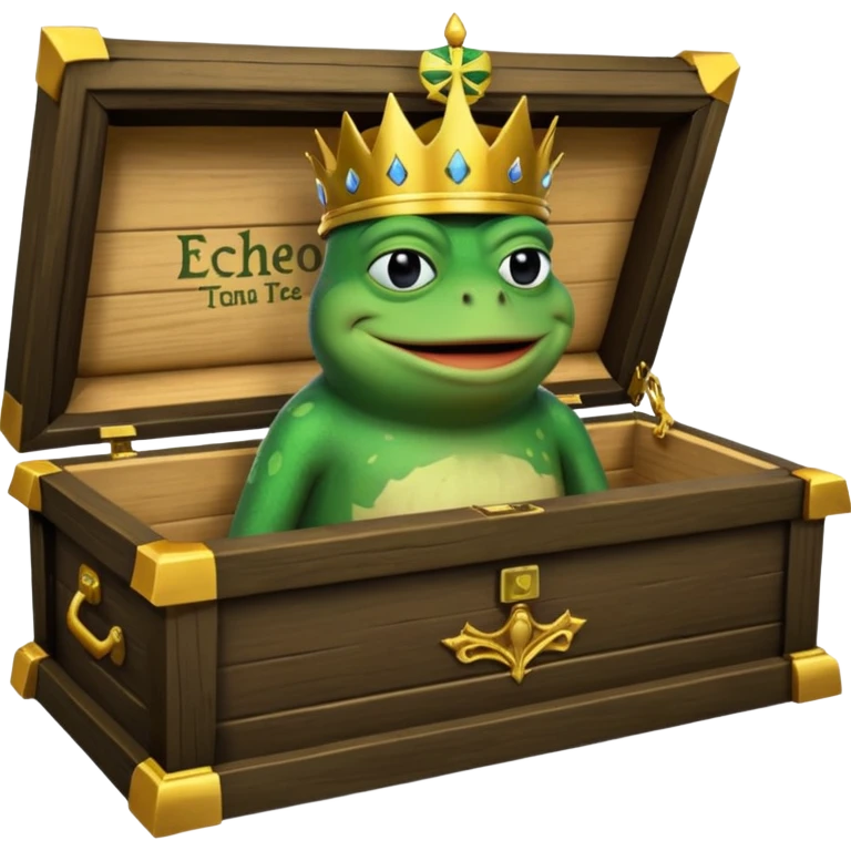 Emoji of an empty wooden coffin with its lid on top, the word ‘ECHO’ carved into the lid. The coffin is shown from the outside. A king-like Pepe the Frog, standing outside the coffin, is hammering nails into the lid to seal it shut. No character is inside the coffin. Not a treasure chest. emoji