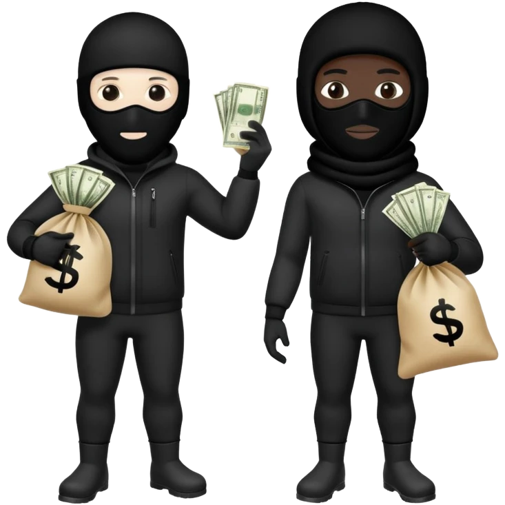 Two men one with white skin color and the other black skin color and both wearing black Ski masks holding money bag emoji