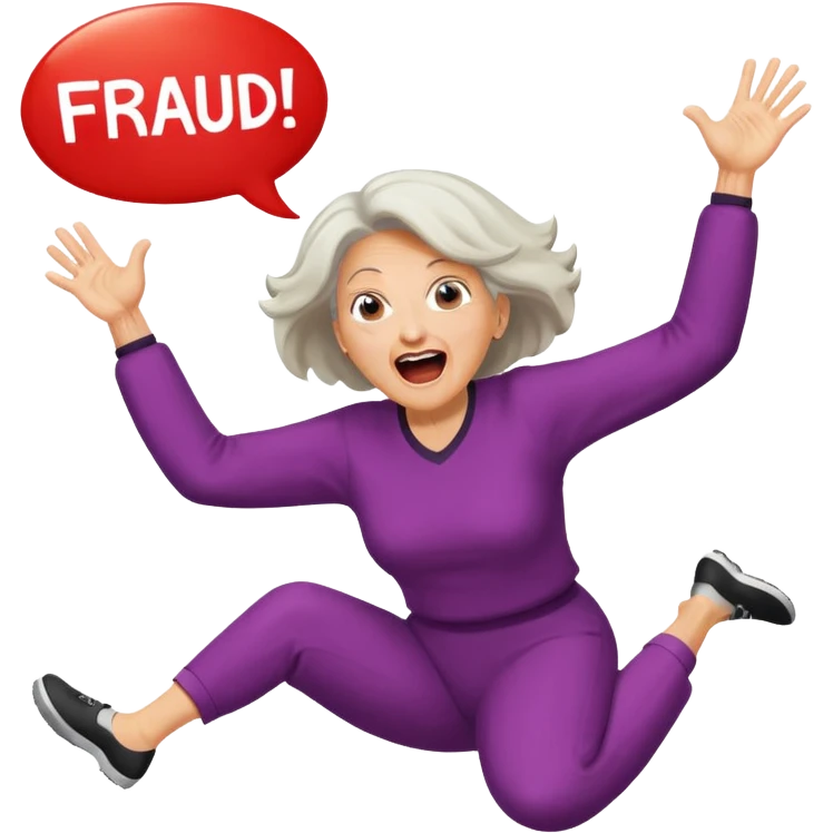 Older Woman jumping screaming and word “fraud” in a bubble emoji