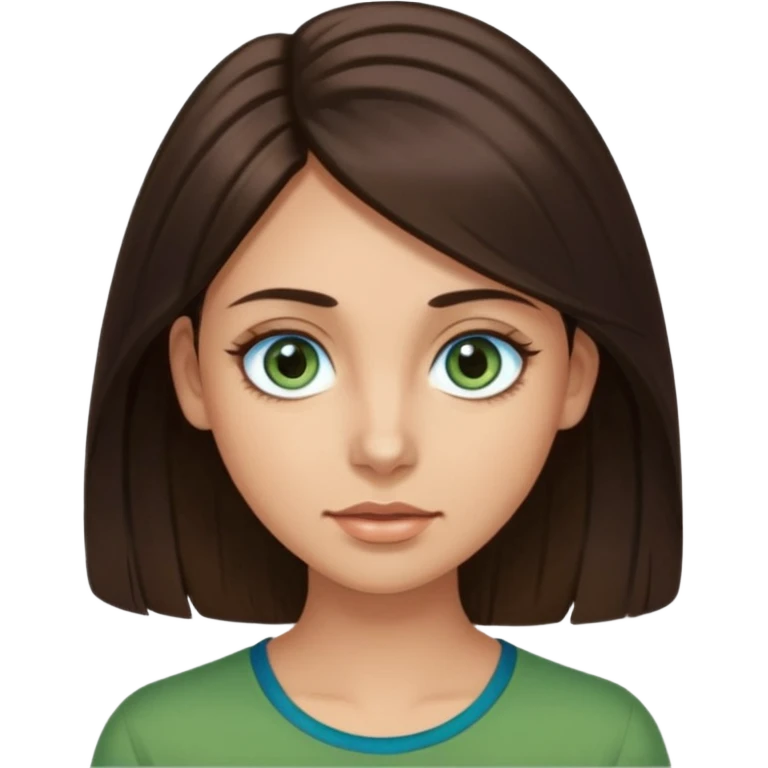 long dark brown hair with highlights in the front, big blue eyes clear skin with neck and green top on add long eyelashes emoji