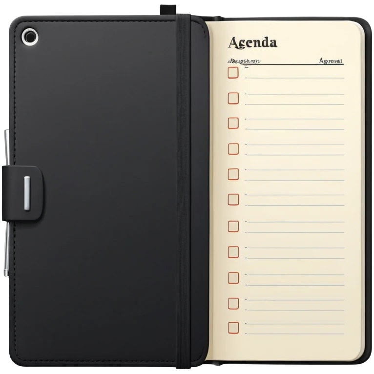 A classic black Moleskine notebook open to show an agenda page with meeting items and bullet points emoji