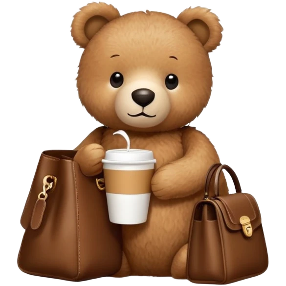 Teddy bear with longchamp bag and coffee emoji