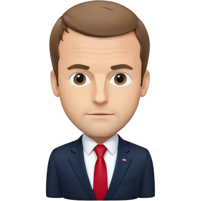 figure of Emmanuel Macron with an oversized head and small body, standing, wearing a dark navy suit and red tie, highly recognizable face, simplified details emoji
