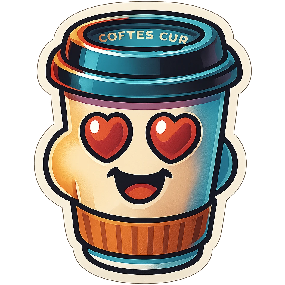 Ink wash style, coffee cup creature, big heart eyes, dopey smile emoji