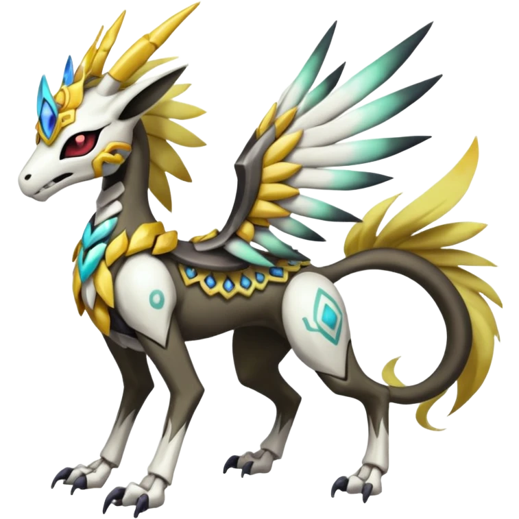 Colorful Skeletal masked armored Meloetta-Silvally-Solgaleo-Raikou-Pokémon-Digimon-Fakémon-fusion-hybrid-creature, full body emoji
