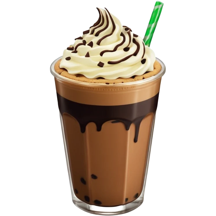 Vaso de vidrio con Frappé color café, crema en la parte superior con popote verde insertado en la crema, agregar encima de la crema chispas de chocolate y una galleta redonda color café oscuro tipo Oreo. emoji