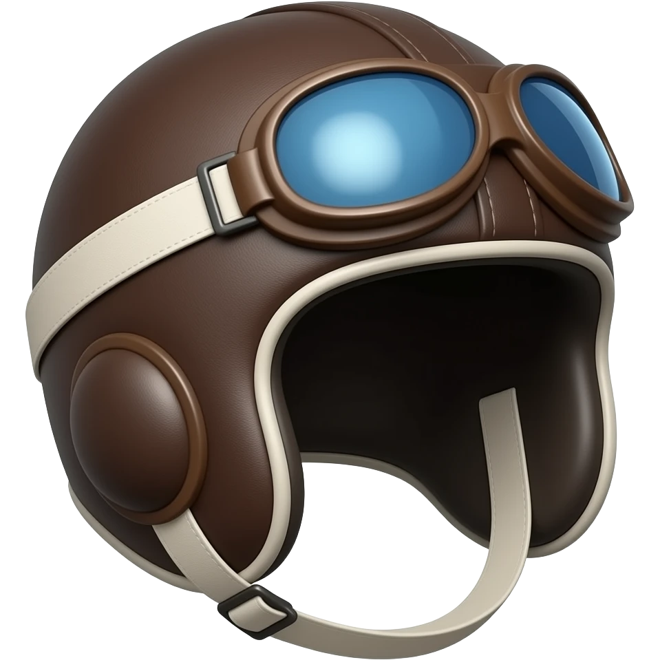 A sleek, dark brown leather aviator helmet. NO brim. A single large, clear, reflective blue-lensed pair of goggles with brown frames sits prominently on the top. Soft white straps. Minimalist shape, glossy finish emoji